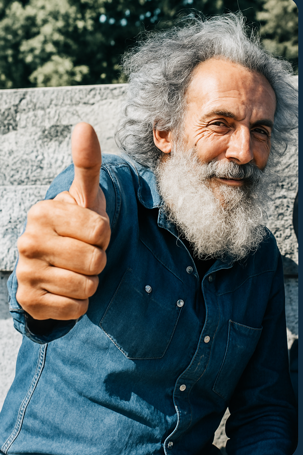 Man giving a thumbs up outdoors.