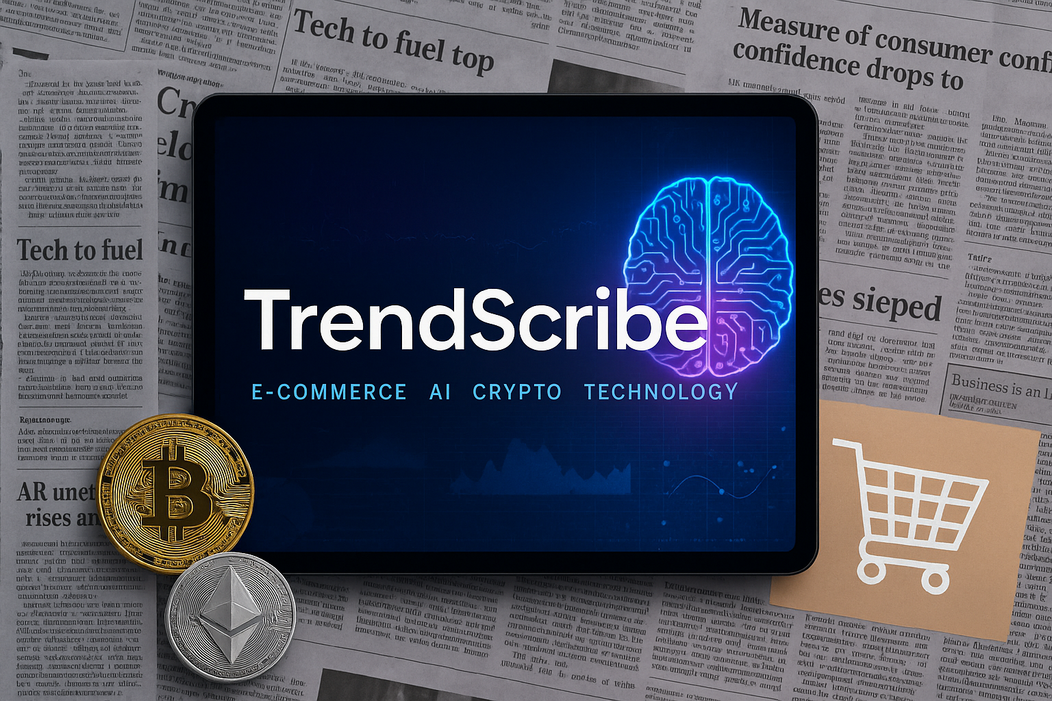 TrendScribe digital banner showing a tablet screen with the TrendScribe logo, AI brain graphic, cryptocurrency coins (Bitcoin and Ethereum), shopping cart icon, and newspaper background, representing blogs on e-commerce, AI, technology, and crypto trends.