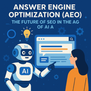 Infographic titled 'The Future of SEO in the Age of AI,' illustrating Answer Engine Optimization with visuals of AI assistants, search engines, structured data, and U.S. businesses adapting to AI-driven search.