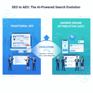 An infographic showing the evolution from SEO to Answer Engine Optimization (AEO) in the AI era. The left side depicts traditional SEO with website code, keyword lists, and search result pages with multiple blue links. Business professionals analyze ranking metrics on computer screens. The right side illustrates AEO with AI assistants, voice search devices, and direct answer boxes. American business professionals implement new strategies with structured data and answer optimization. A central transitional flow with arrows connects the two sides, showing the shift from keywords to answers and from links to direct responses. The design uses a modern blue and teal tech color palette with clear labels and professional iconography, creating a visual hierarchy that explains AEO as the future of search optimization.